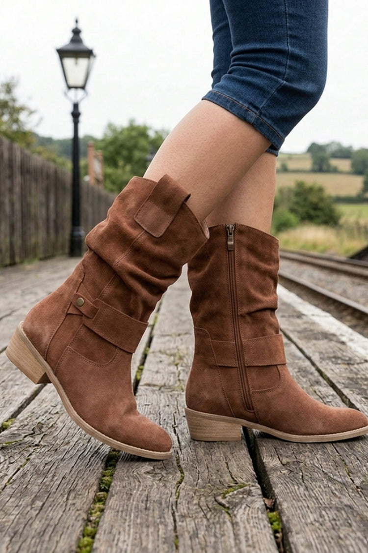 Damen Wadenstiefel | Geraffter Schaft & Schnallendetail