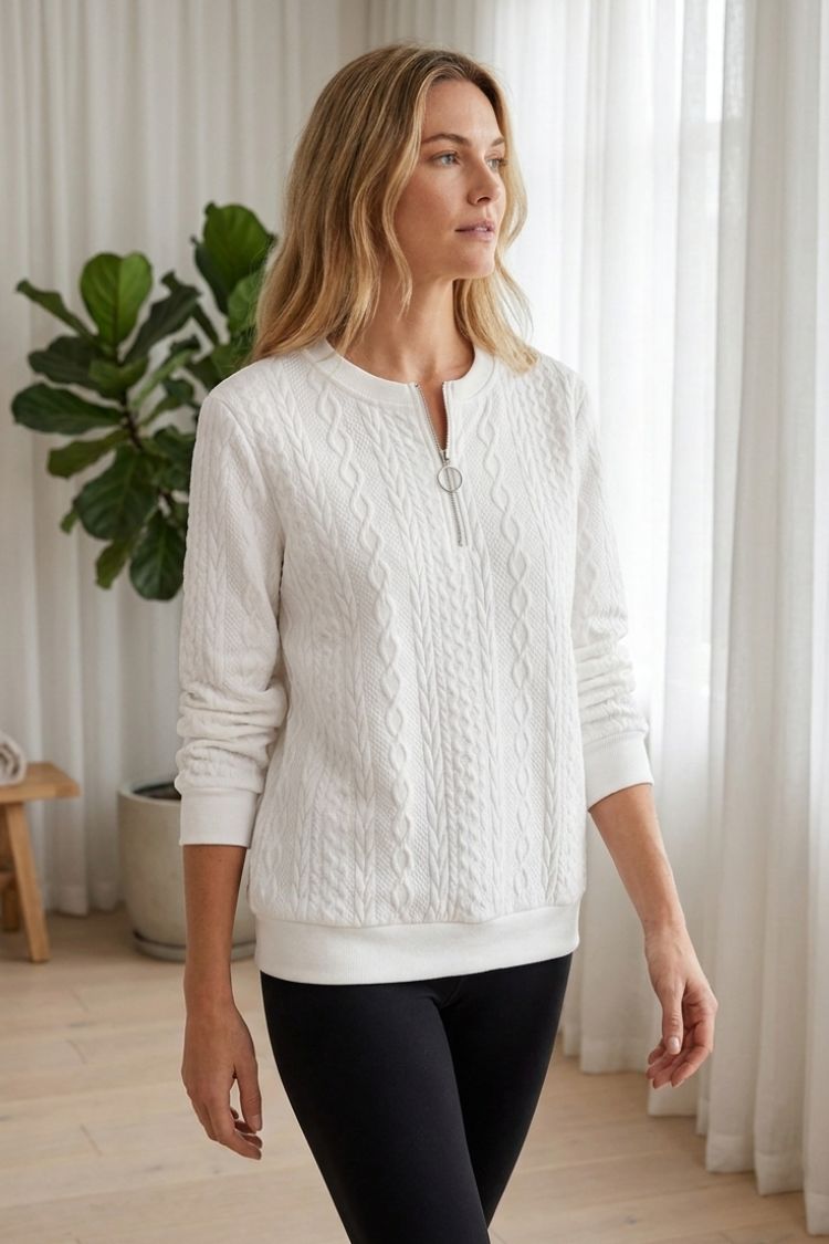 Damen Zopfmuster-Pullover | Reißverschlusskragen