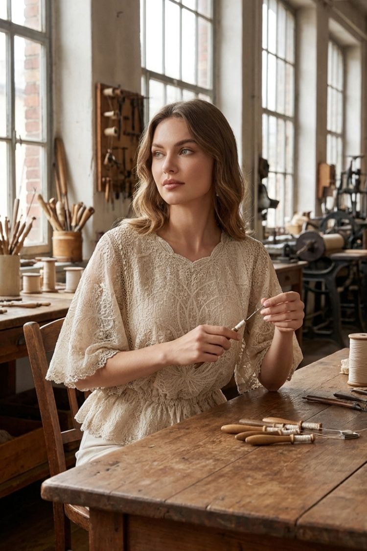Damen Bluse mit Stickdetails | Rundhalsausschnitt & Volantärmel