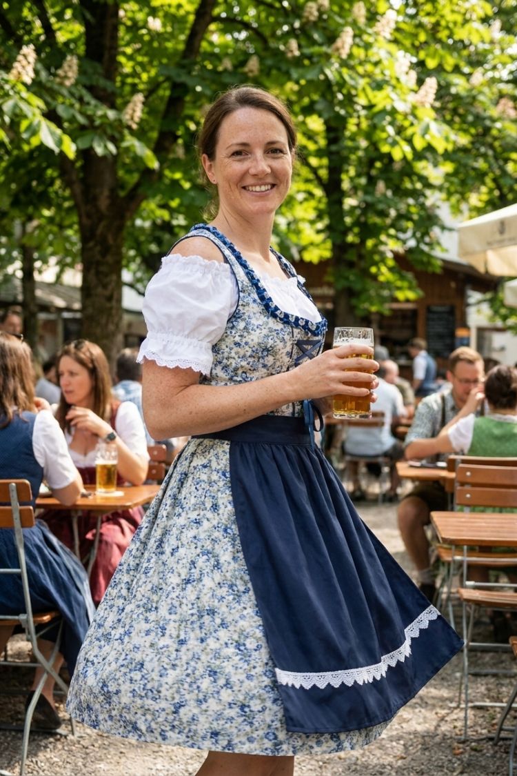 Damen Dirndlkleid | Blaue Schnürung & Gemusterter Rock