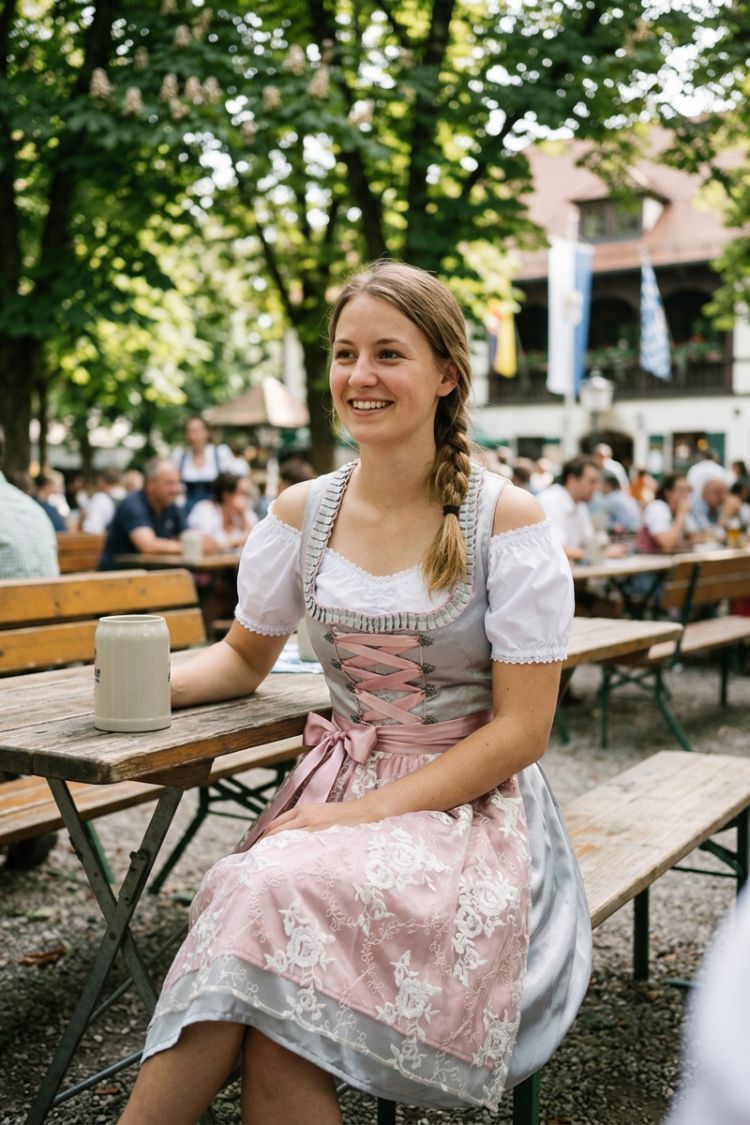 Damen Dirndlkleid | Rosa Schnürung & Blumenschürze