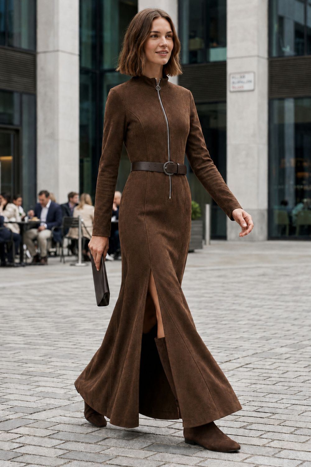 Damen Langes Kleid mit Gürtel | Frontzipper & Hoher Schlitz