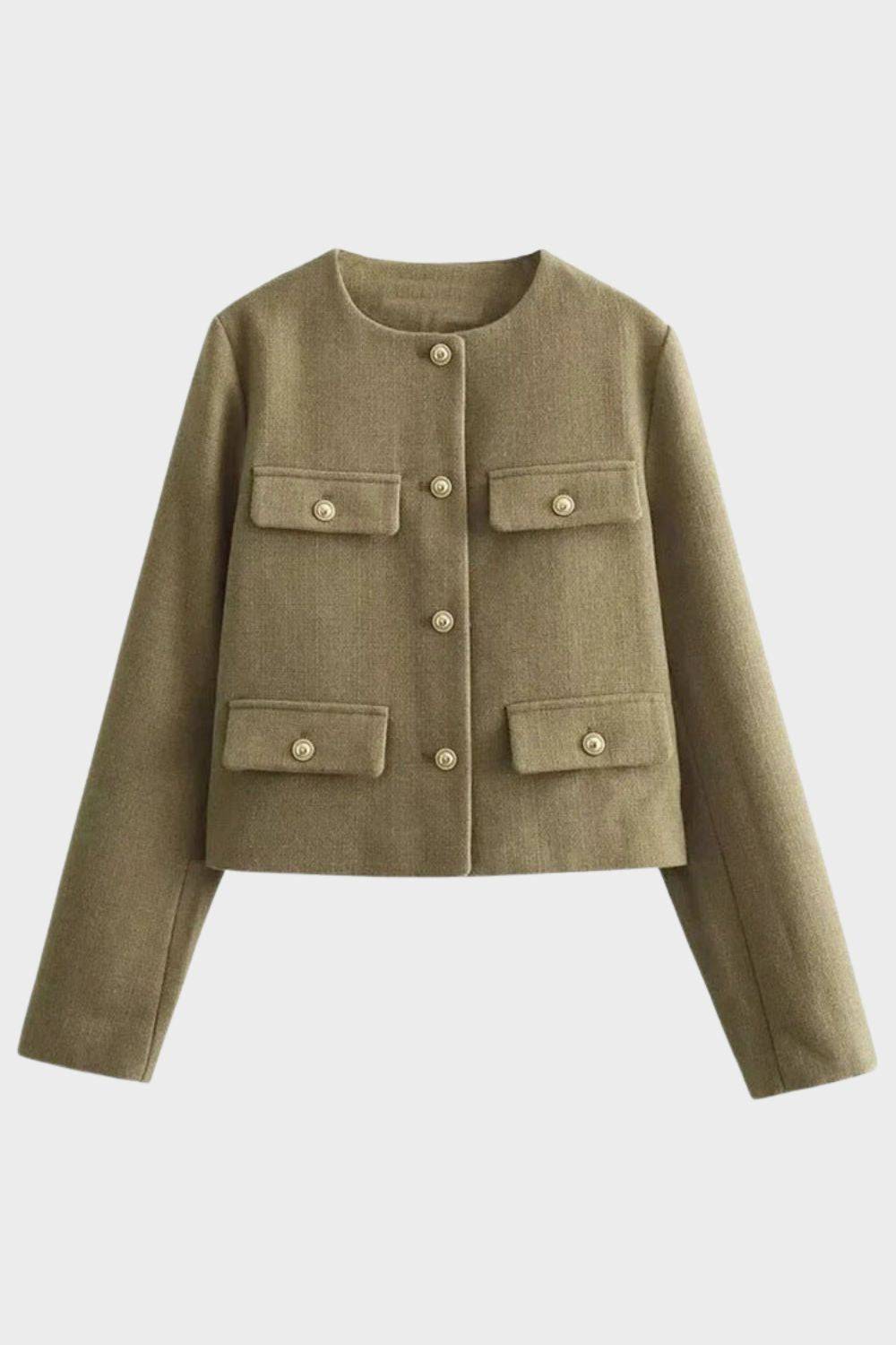 Damen Jacke Kurz Rundhals mit Knopfleiste und Taschen