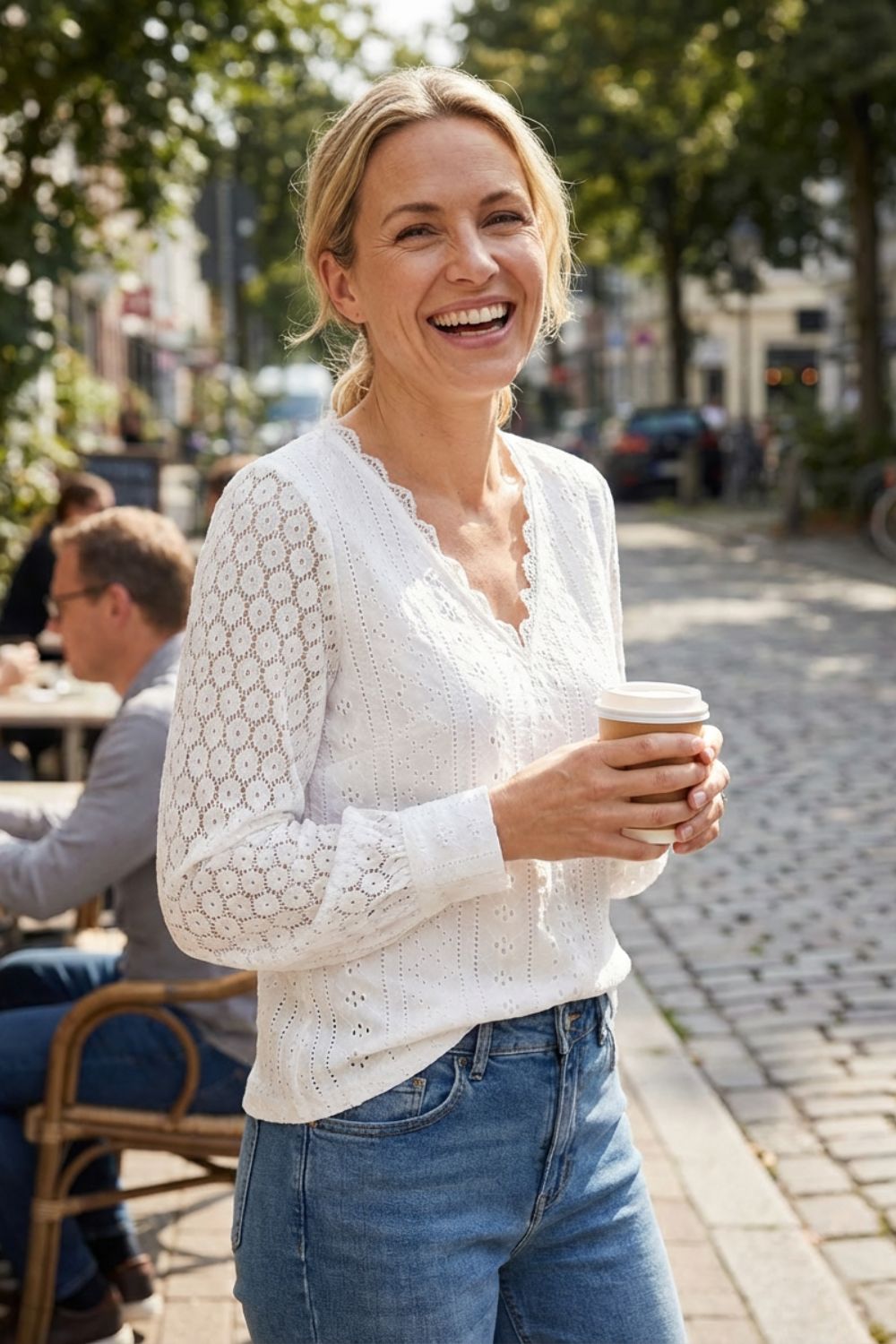 Bluse Damen Langarm mit V-Ausschnitt und Lochmuster