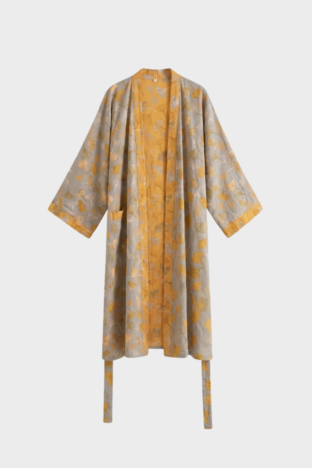 Kimono Damen Bademantel mit Gürtel und Muster knielang