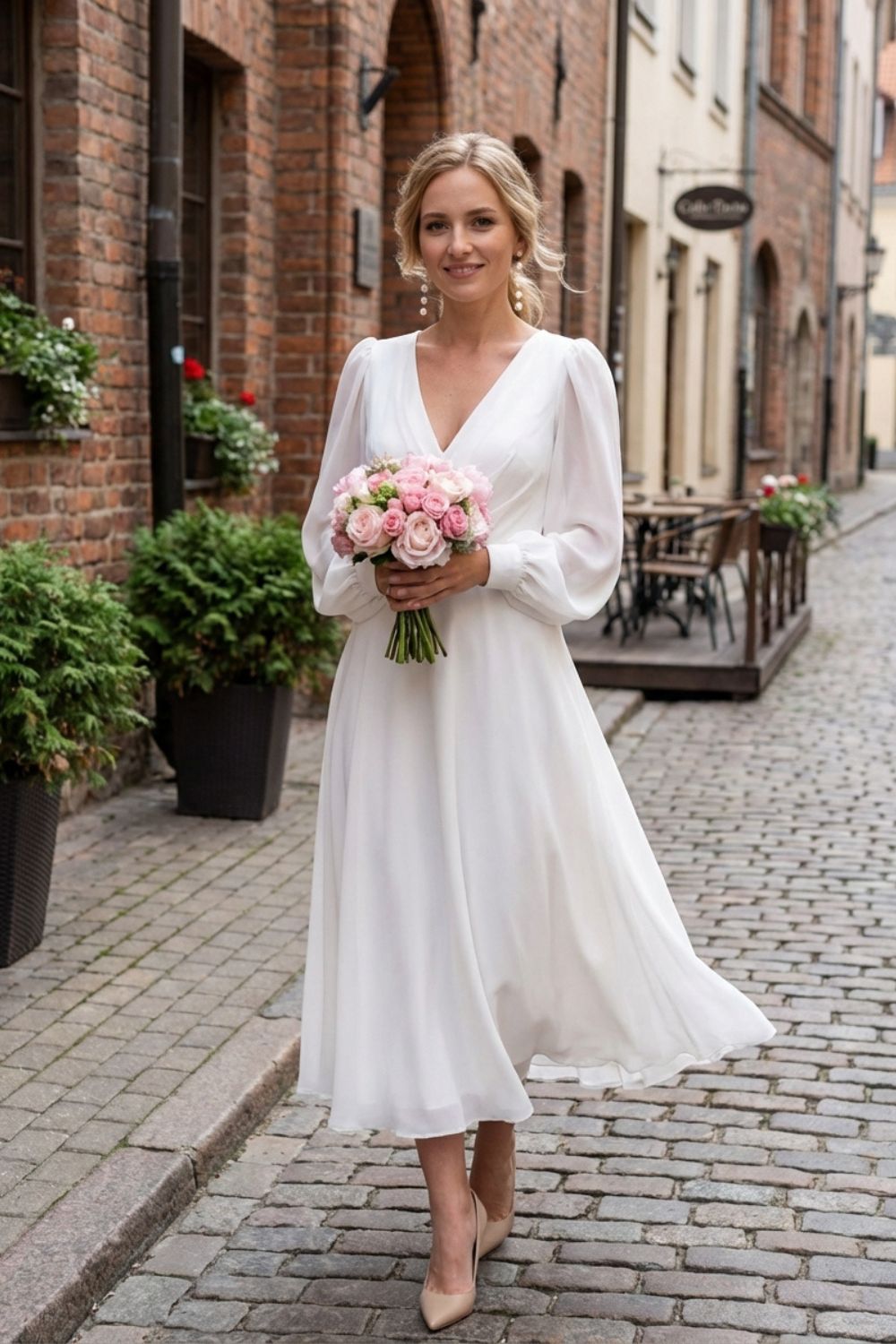 Kleid Damen Midikleid mit V Ausschnitt und Langarm