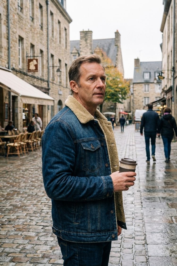 Jeansjacke Herren mit Fellkragen und Knopfleiste
