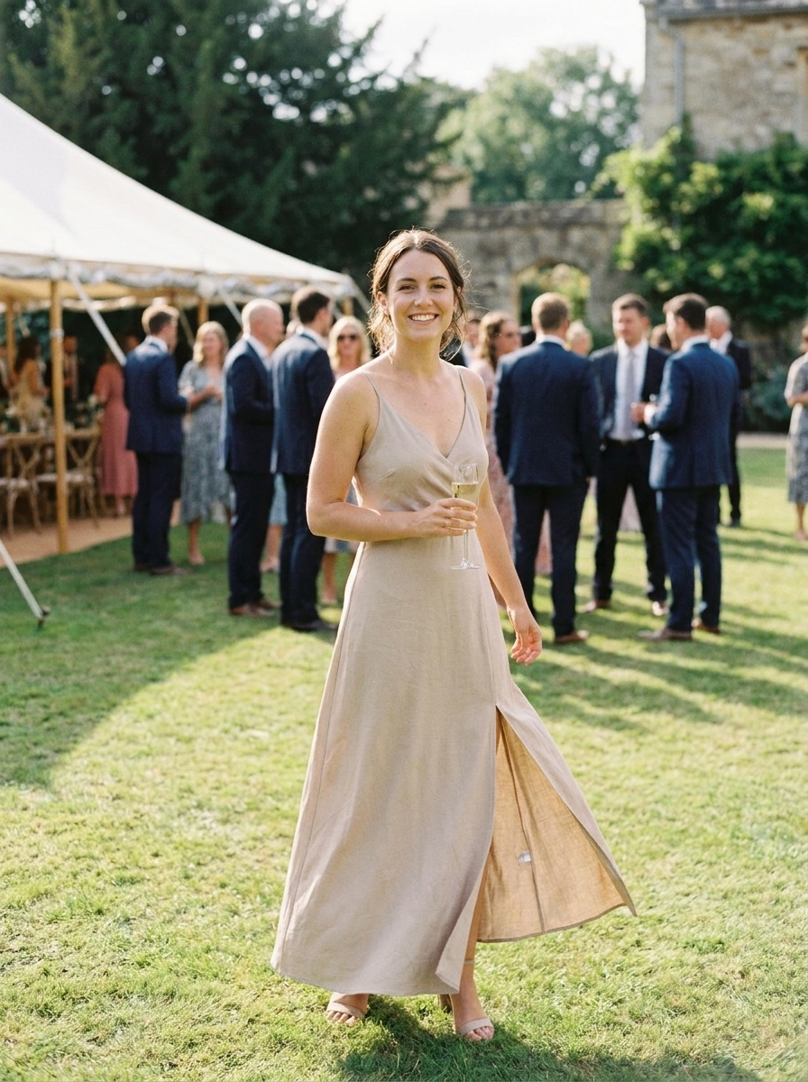 Damen Maxikleid Rot – langes Abendkleid mit Spaghettiträger im Garten-Hochzeit Setting