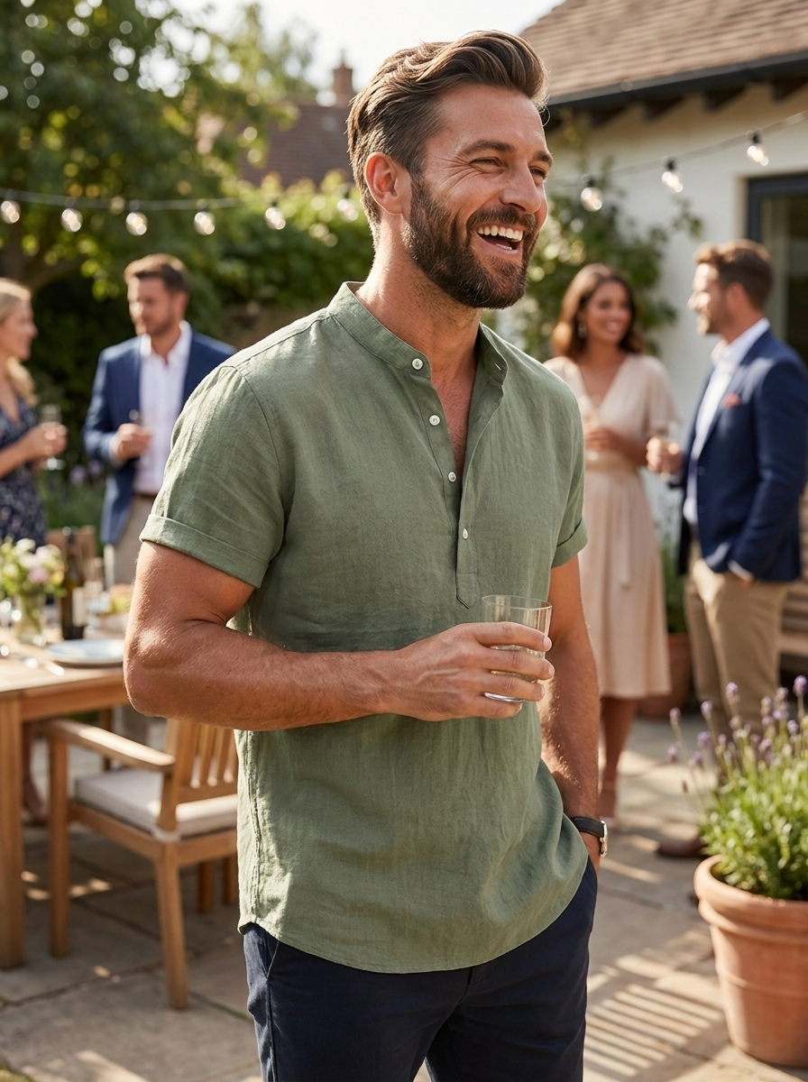 Herren Leinenhemd | Kurzarm Henley