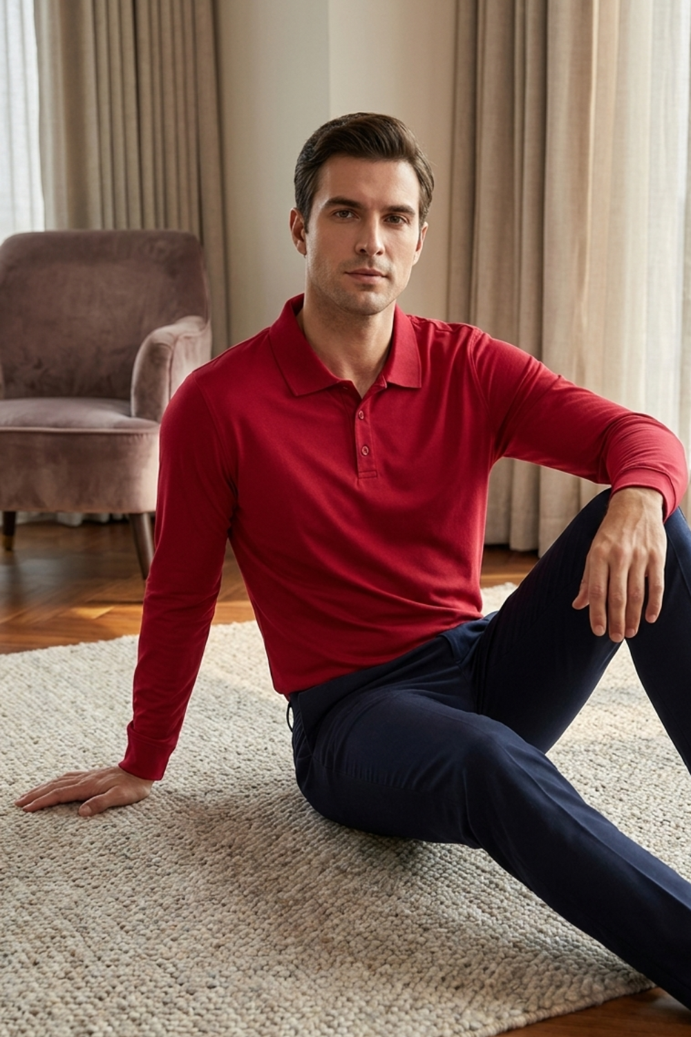 Herren Poloshirt Langarm mit Knopfleiste