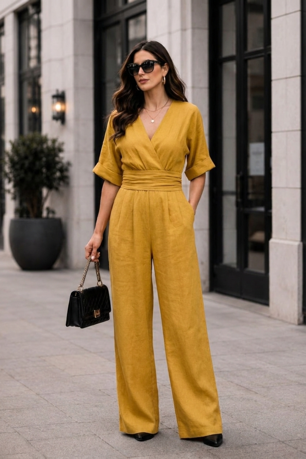 Damen Weites Jumpsuit | Wickel V-Ausschnitt