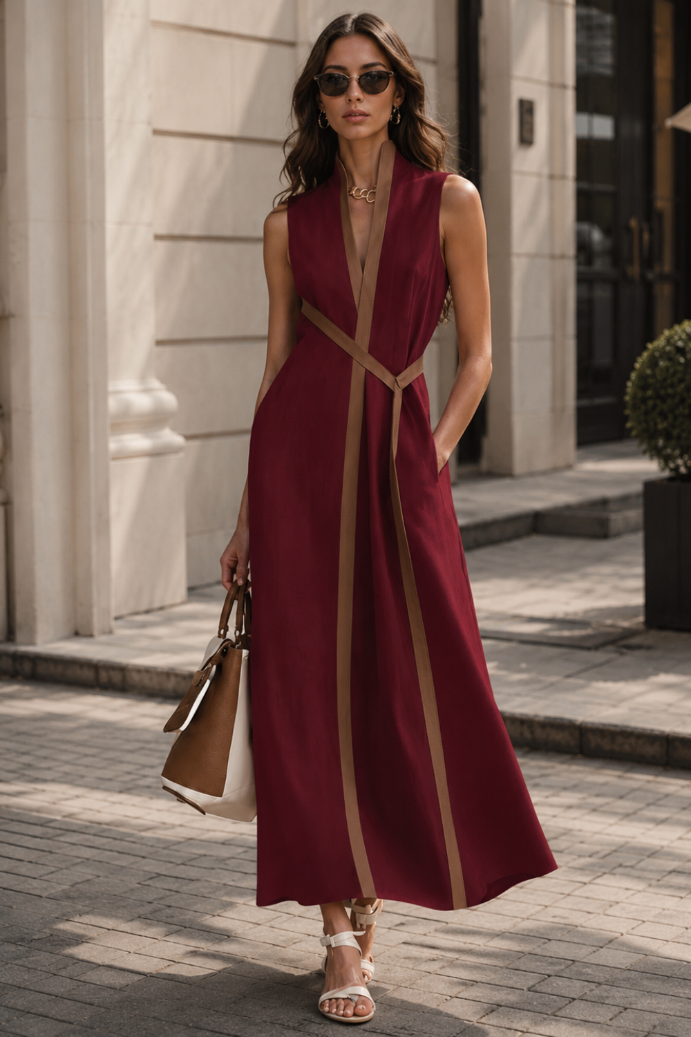 Damen Maxikleid Kontrast | Ärmellos