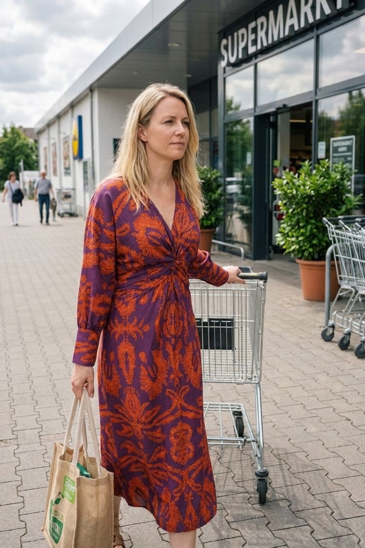 Midikleid Damen Wickeloptik mit V-Ausschnitt