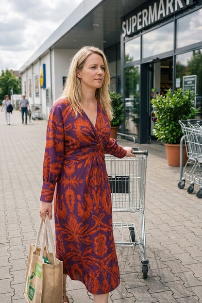 Midikleid Damen Wickeloptik mit V-Ausschnitt