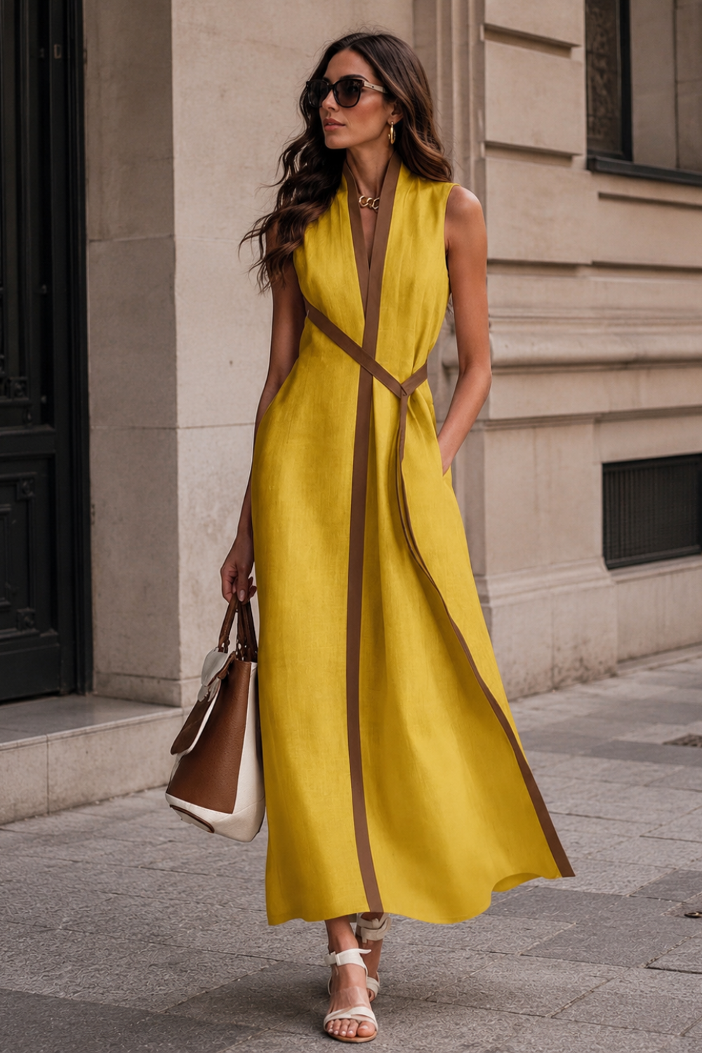 Damen Maxikleid Kontrast | Ärmellos