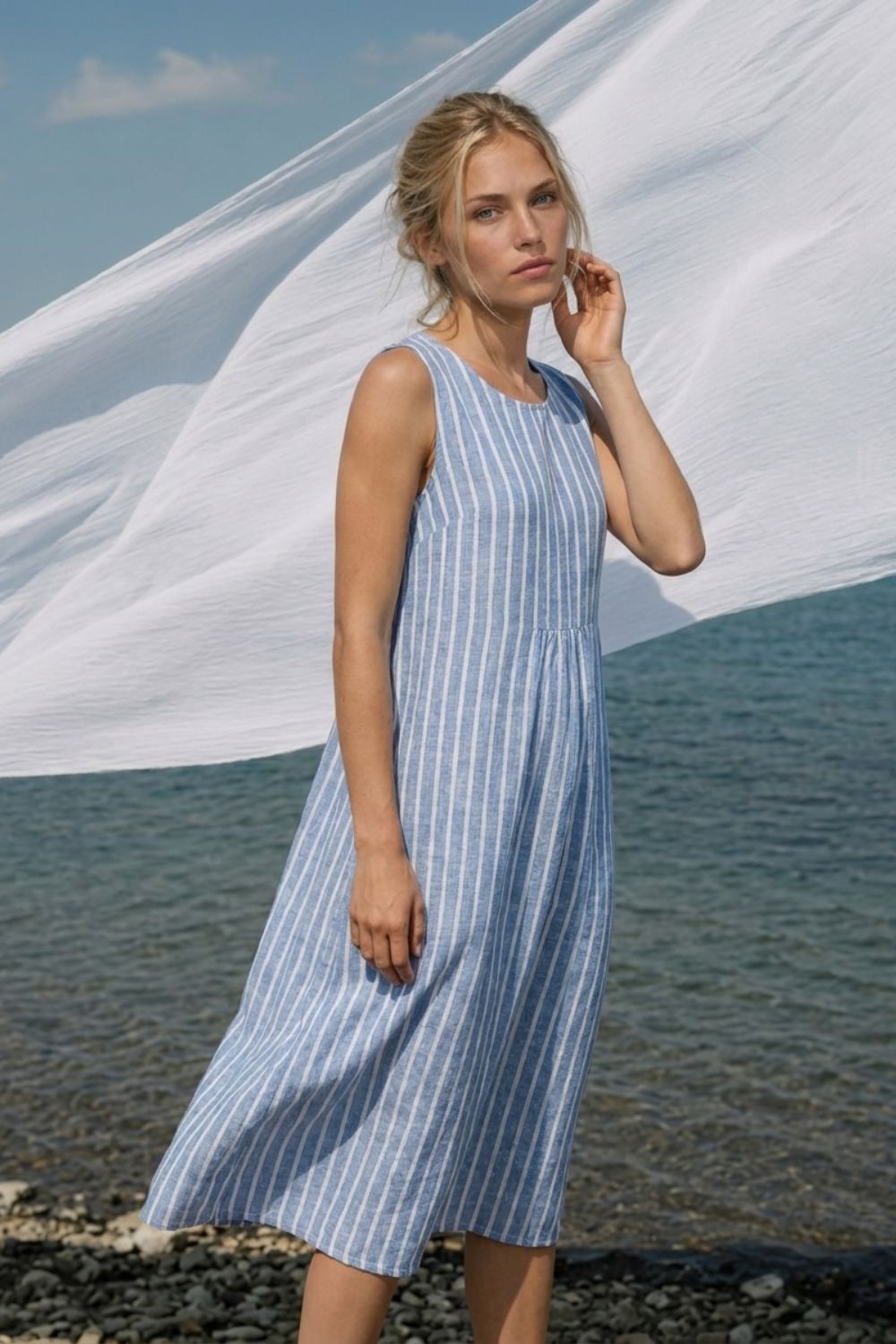 Damen Streifen Midikleid | Ärmellos
