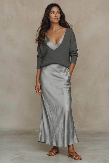 Damen Zweiteiliges Maxikleid Set | Satin-Optik