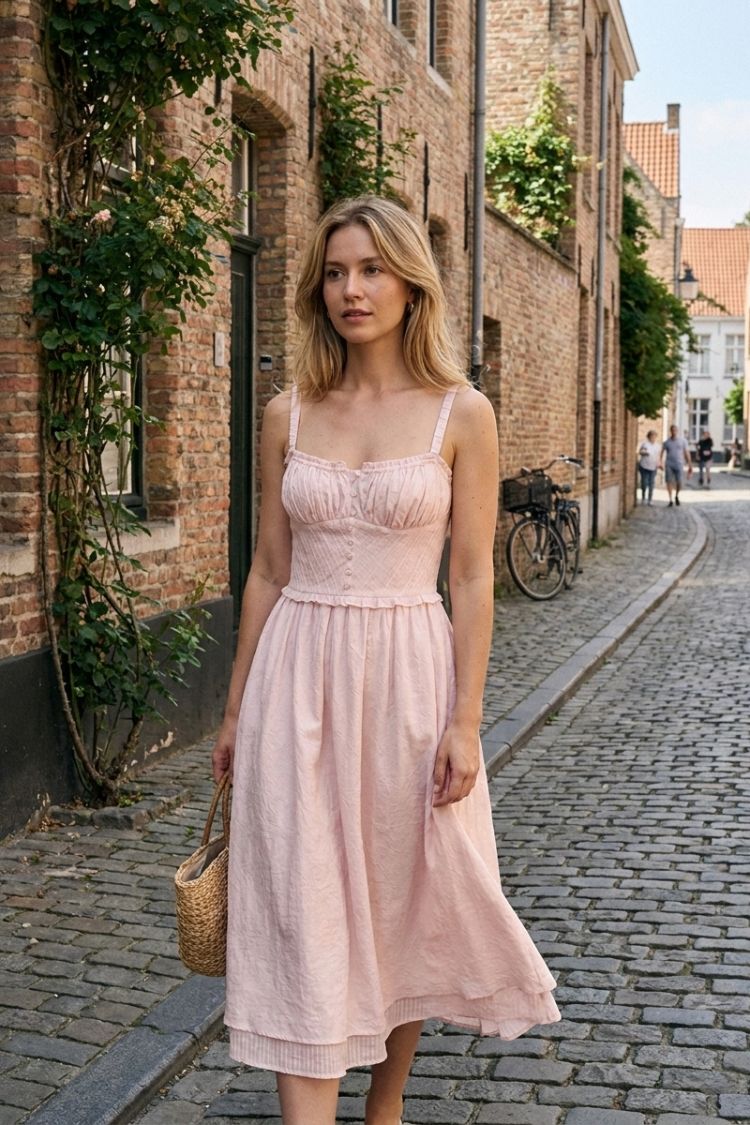 Sommerkleid Damen Midikleid mit Trägern und Raffung
