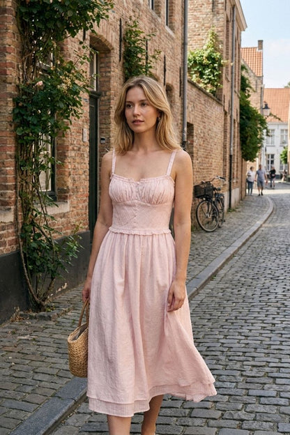 Sommerkleid Damen Midikleid mit Trägern und Raffung