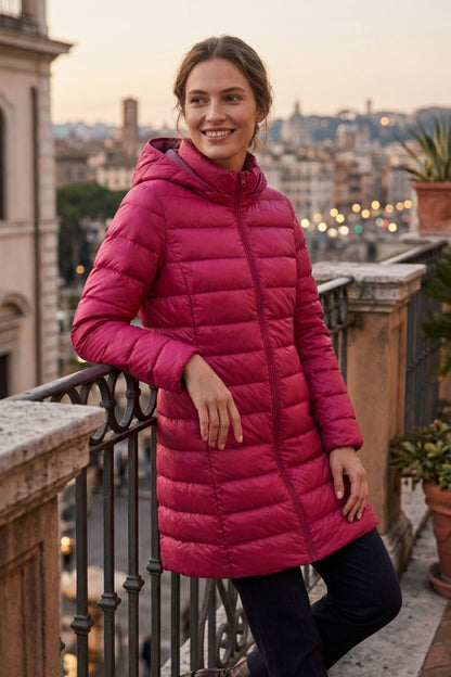 Damen Lange Steppjacke | Kapuze & Verlängerte Silhouette