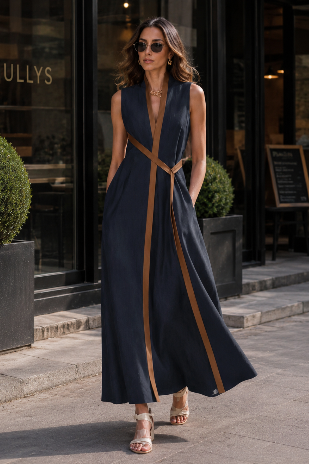 Damen Maxikleid Kontrast | Ärmellos
