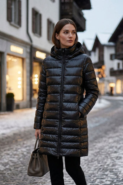 Damen Lange Steppjacke | Kapuze & Verlängerte Silhouette