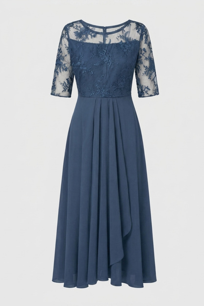 Damen Chiffon Maxikleid in Champagner mit Spitzenoberteil und 3/4-Ärmeln