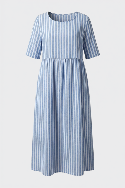 Damen Gestreiftes Midikleid | Gesmokte Taille