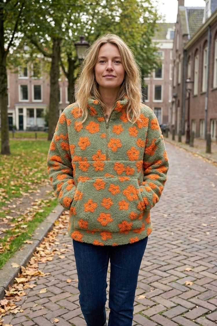 Damen Oversize-Pullover mit Blumenmuster | Hoher Ausschnitt & Lockere Passform