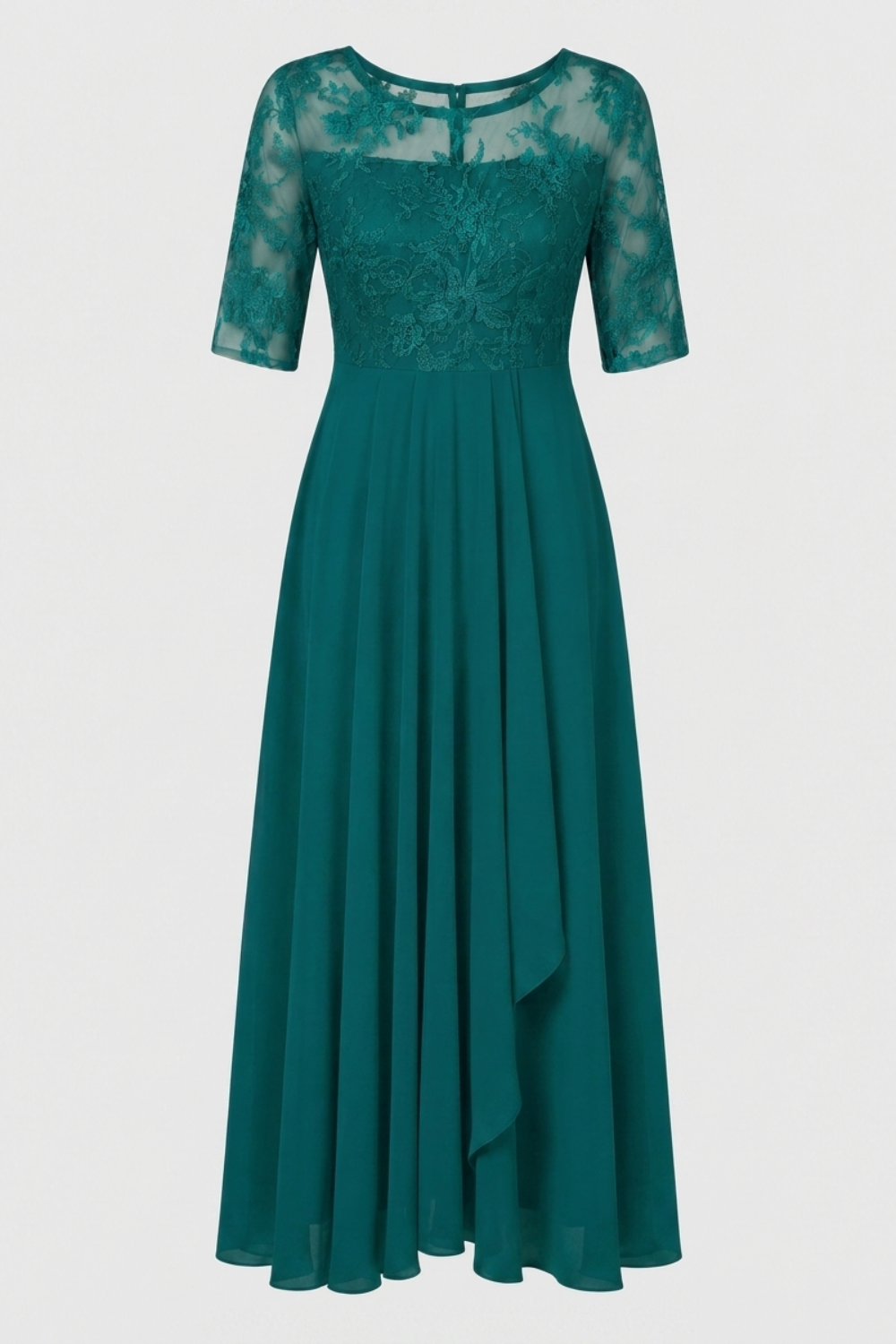 Damen Chiffon Maxikleid in Champagner mit Spitzenoberteil und 3/4-Ärmeln