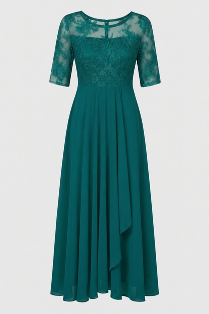 Damen Chiffon Maxikleid in Champagner mit Spitzenoberteil und 3/4-Ärmeln