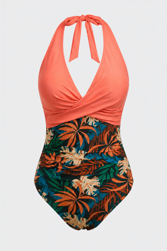 Damen Neckholder Badeanzug | Tropischer Print