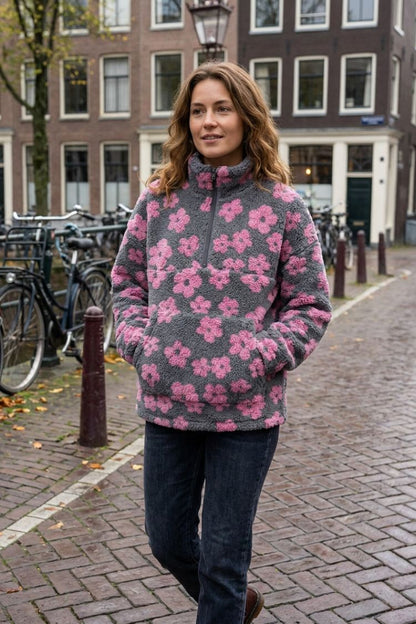Damen Oversize-Pullover mit Blumenmuster | Hoher Ausschnitt & Lockere Passform