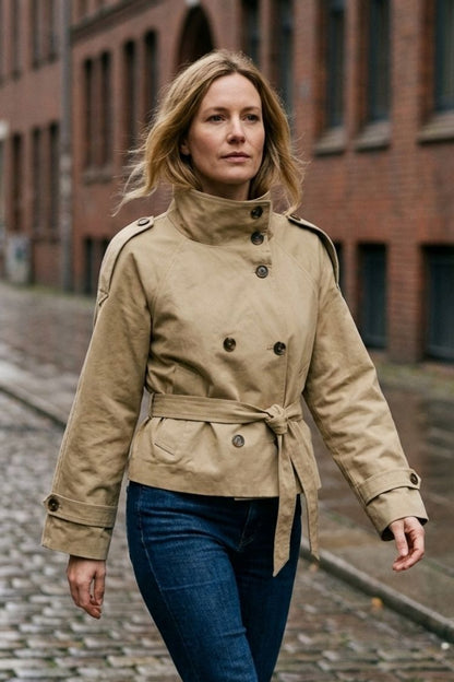 Damen Kurze Trenchjacke | Doppelknöpfe & Taillenband
