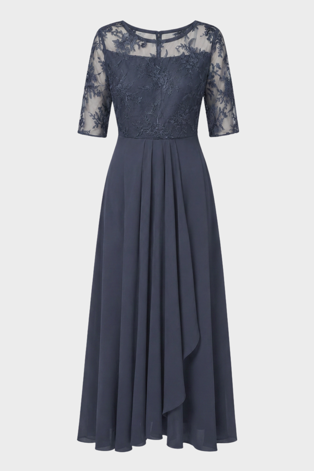Damen Chiffon Maxikleid in Champagner mit Spitzenoberteil und 3/4-Ärmeln