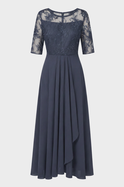 Damen Chiffon Maxikleid in Champagner mit Spitzenoberteil und 3/4-Ärmeln