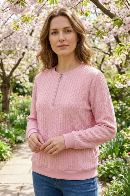 Damen Zopfmuster-Pullover | Reißverschlusskragen
