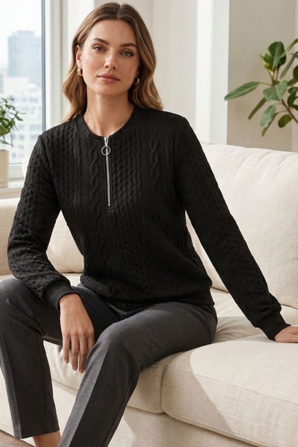 Damen Zopfmuster-Pullover | Reißverschlusskragen