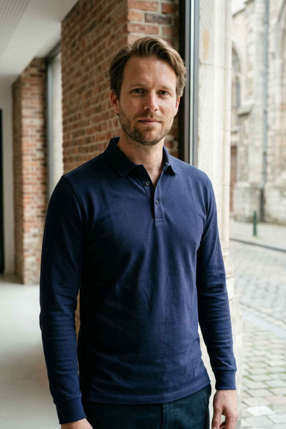 Herren Poloshirt Langarm mit Knopfleiste