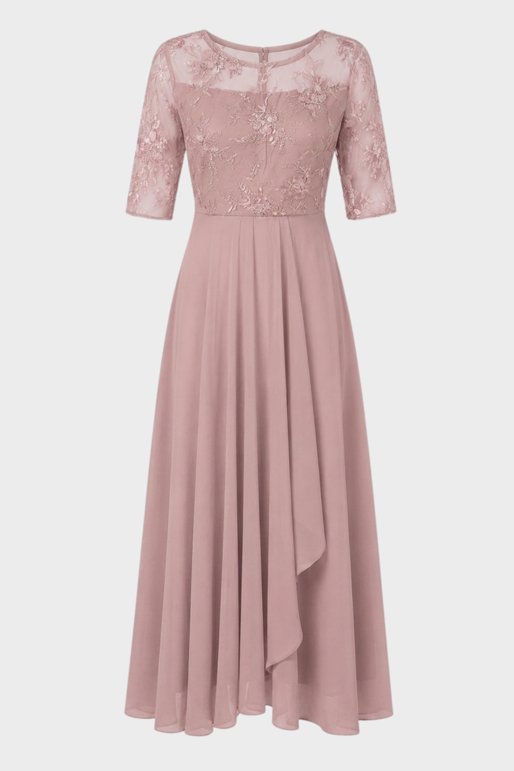Damen Chiffon Maxikleid in Champagner mit Spitzenoberteil und 3/4-Ärmeln
