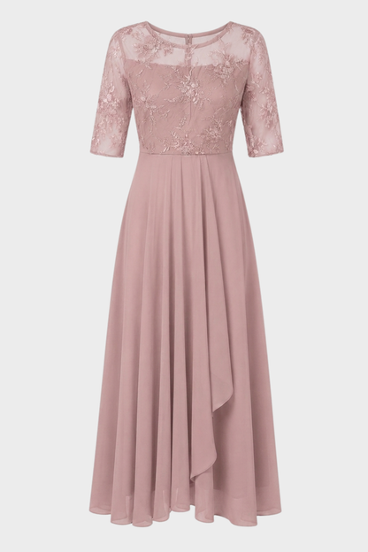 Damen Chiffon Maxikleid in Champagner mit Spitzenoberteil und 3/4-Ärmeln