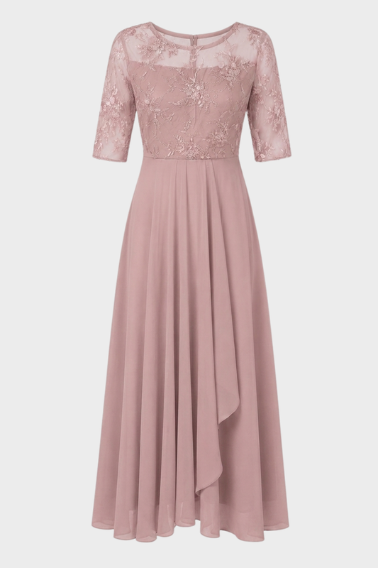 Damen Chiffon Maxikleid in Champagner mit Spitzenoberteil und 3/4-Ärmeln