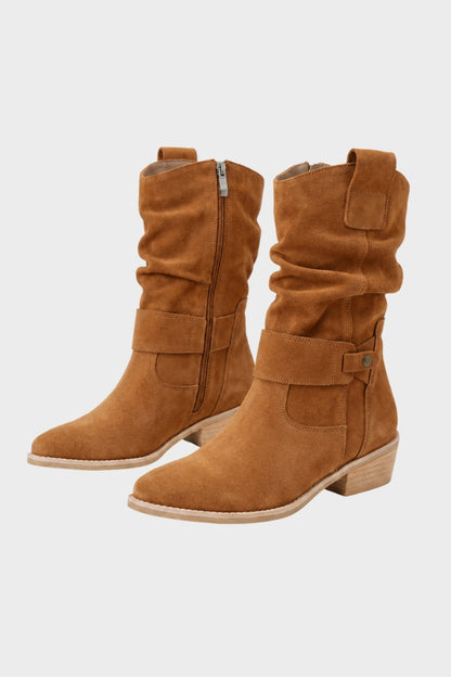 Damen Wadenstiefel | Geraffter Schaft & Schnallendetail