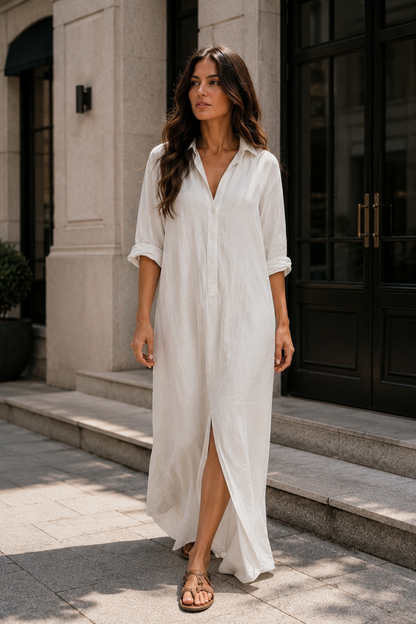 Damen Hemdblusenkleid | Maxi Leinen