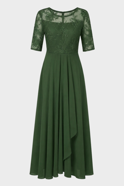Damen Chiffon Maxikleid in Champagner mit Spitzenoberteil und 3/4-Ärmeln