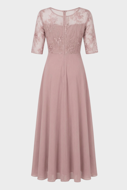 Damen Chiffon Maxikleid in Champagner mit Spitzenoberteil und 3/4-Ärmeln