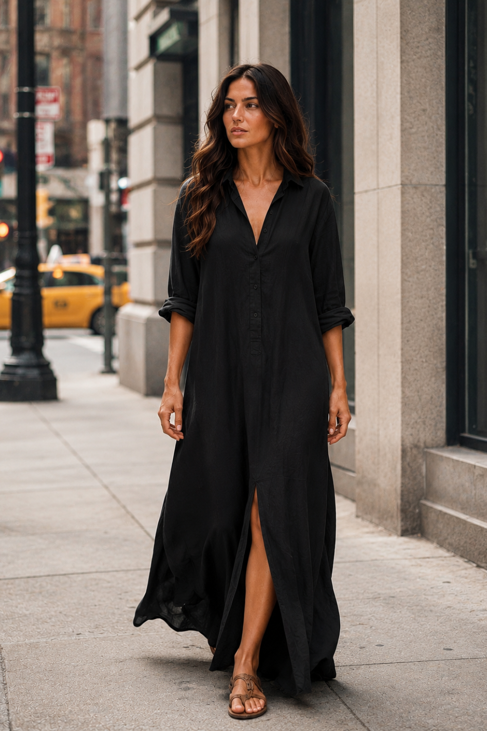 Damen Hemdblusenkleid | Maxi Leinen