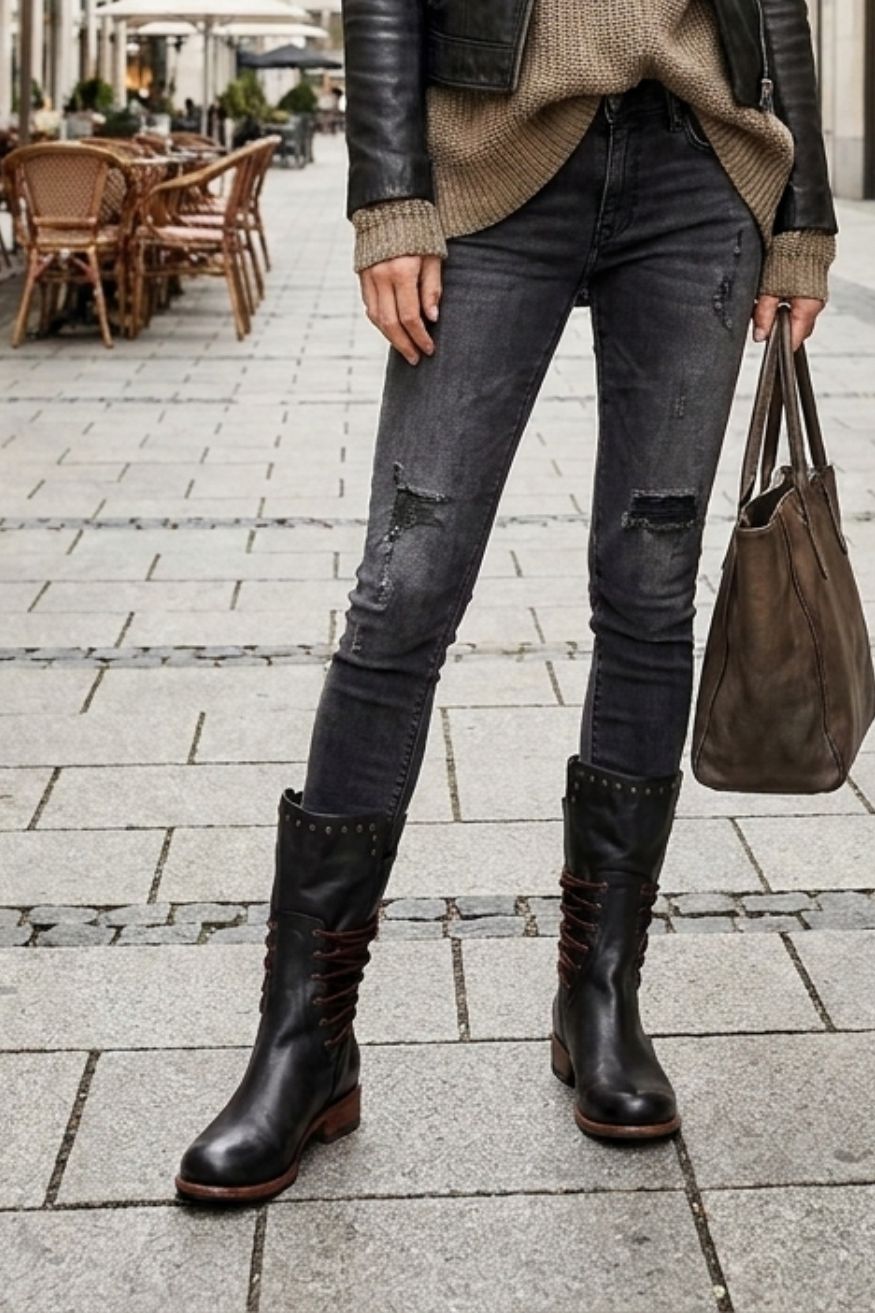 Damen Schnürstiefel in Wadenhöhe | Runde Zehenpartie
