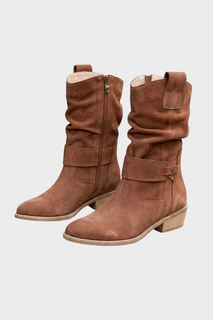 Damen Wadenstiefel | Geraffter Schaft & Schnallendetail