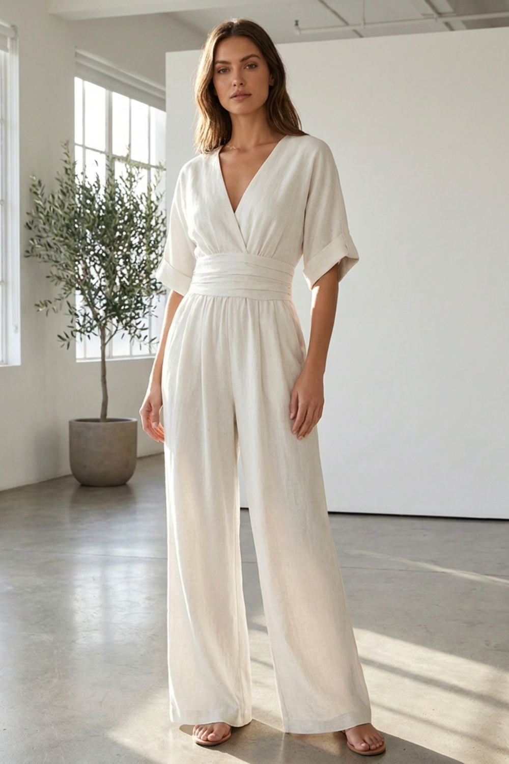 Damen Weites Jumpsuit | Wickel V-Ausschnitt
